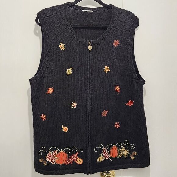 Breckenridge Sweaters - Breckenridge Women's Fall Leaves & Pumpkins Zip Up‎ Vest Size XL